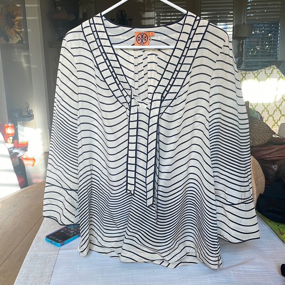 Tory Burch, navy and cream blouse